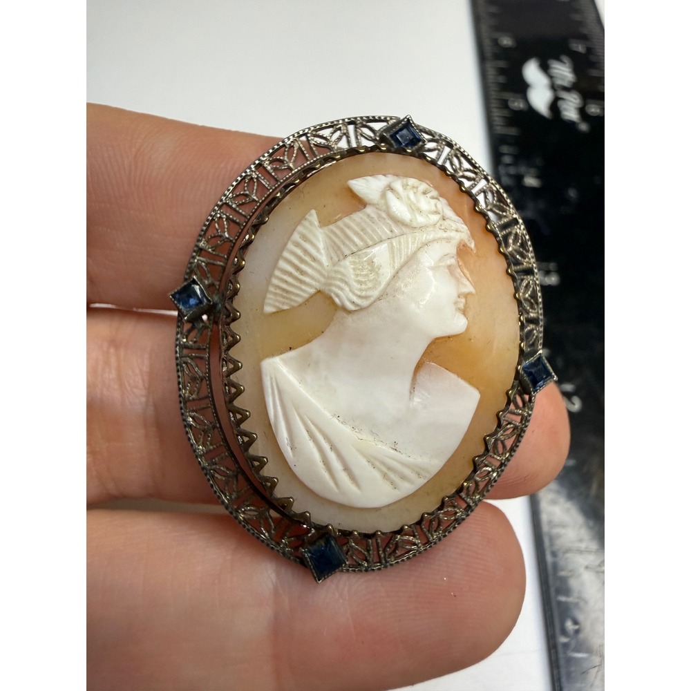 Antique Shell Cameo Brooch Filigree Silver Tone Blue Glass Accents Hand Carved